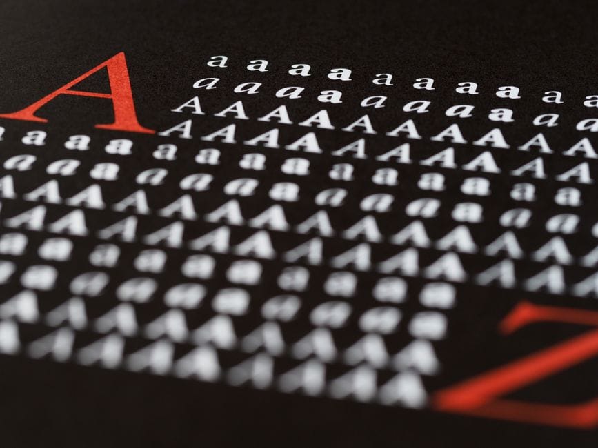 Close-up of typography featuring letters A and Z in various fonts on a black background.